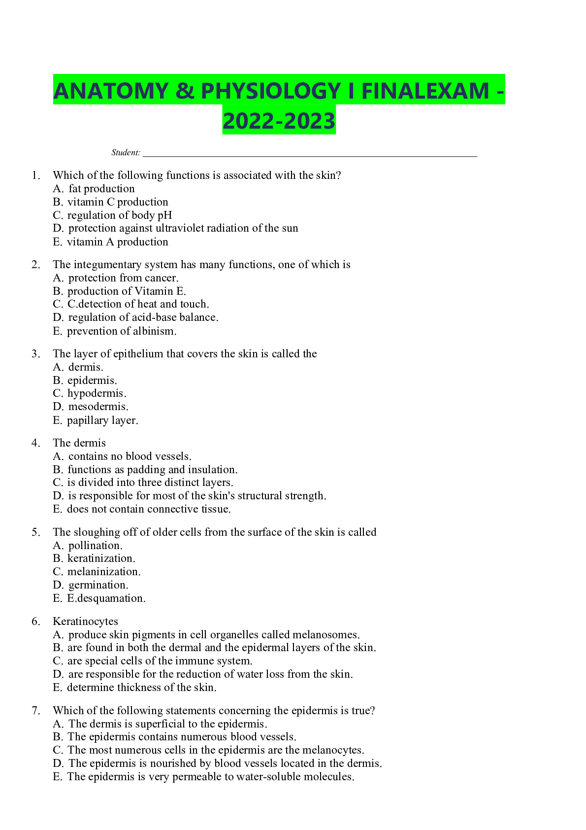 Preview image for ANATOMY & PHYSIOLOGY I FINALEXAM -2022-2023